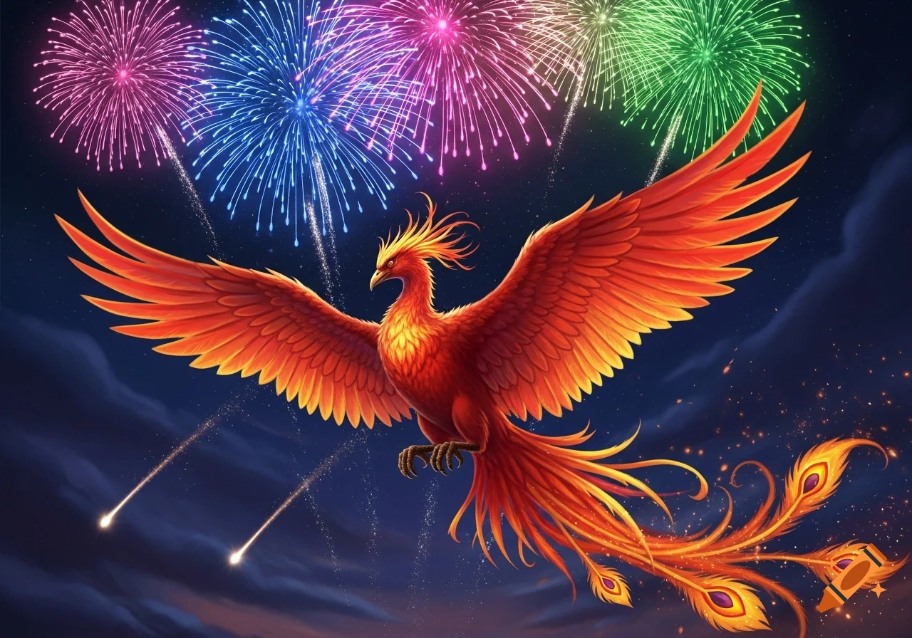 A vibrant phoenix with fiery orange and red feathers flies across a dark night sky, surrounded by colorful fireworks.
