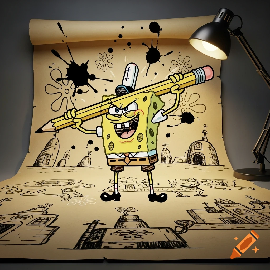 DoodleBob, a mischievous Spongebob, stands on scroll paper holding a giant pencil, surrounded by ink splatters and Bikini Bottom doodles.