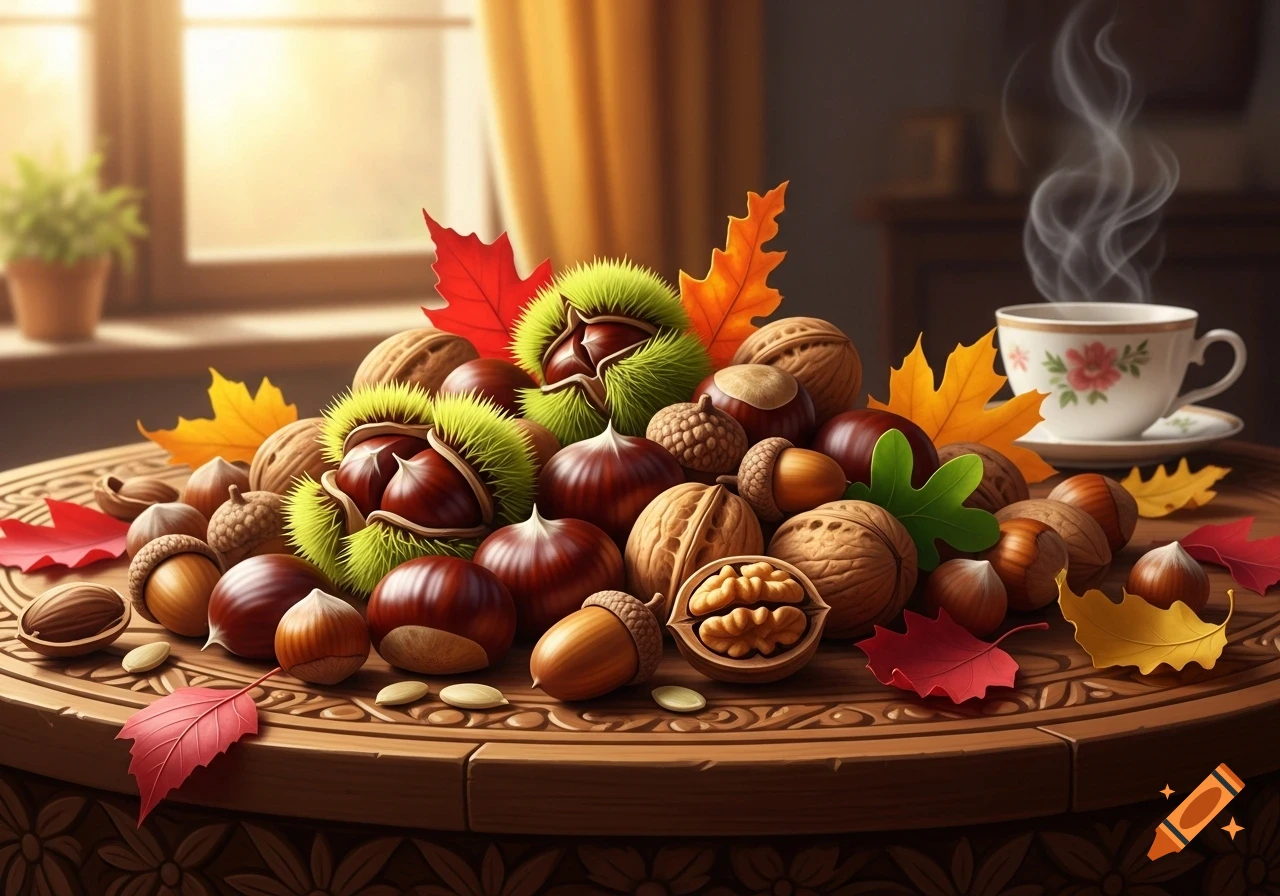 Autumn still life with chestnuts, walnuts, acorns, and colorful leaves on a carved wooden table, with a steaming teacup.