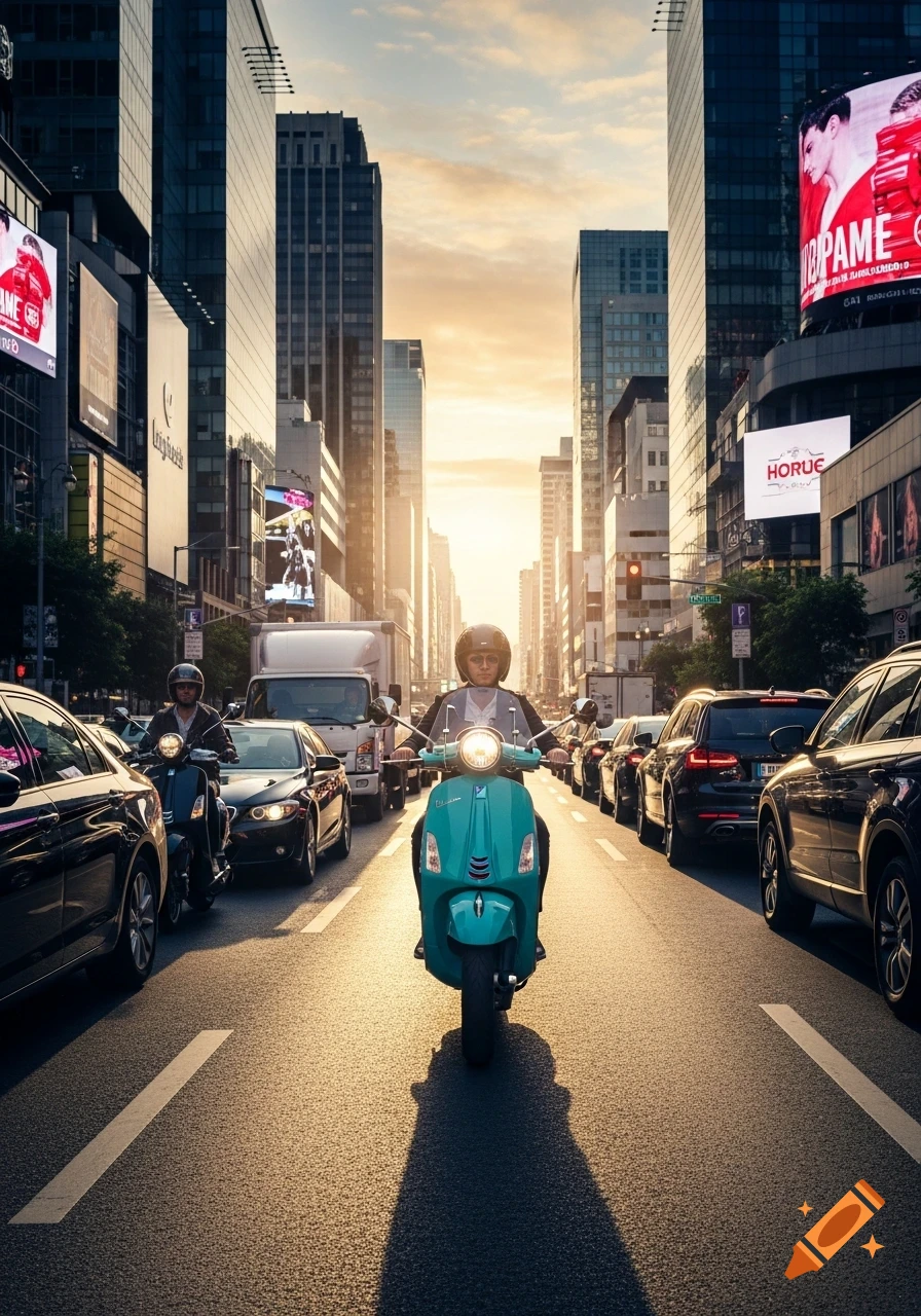 A teal Vespa scooter and other scooters navigate through city traffic at sunset, surrounded by modern buildings and billboards.