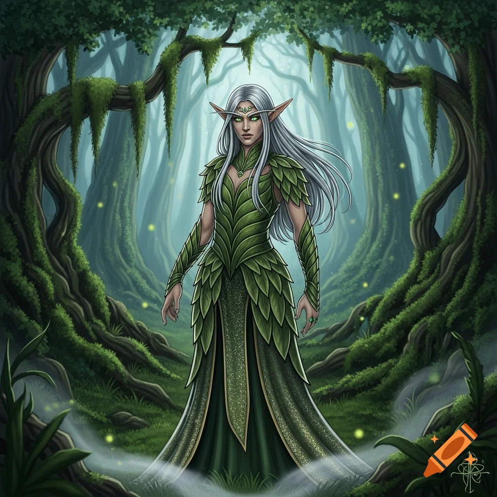 A fantasy elf woman with white hair and green eyes, wearing a leaf dress, stands in a mystical, lush forest with glowing fireflies.