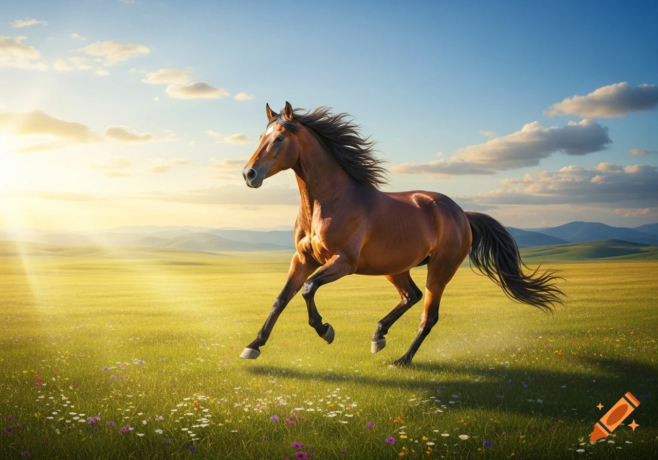A majestic brown horse with a flowing mane gallops through a sunlit green meadow filled with wildflowers under a bright blue sky.