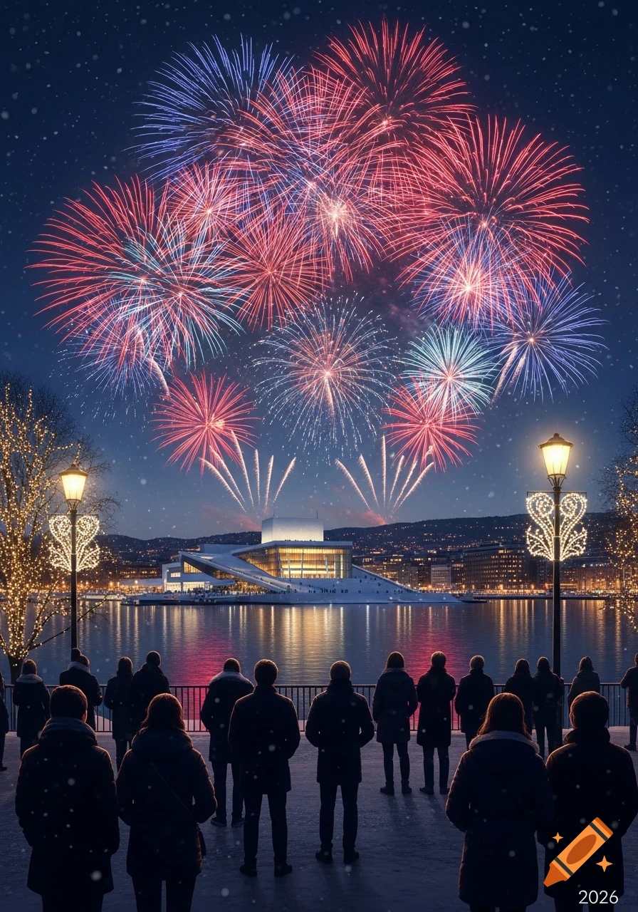 Vibrant fireworks illuminate the night sky above the Oslo Opera House and waterfront as people watch, with snow falling.
