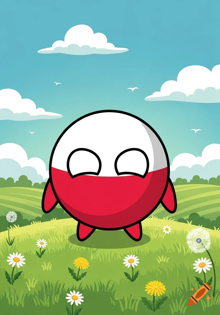 A cartoon Polandball character stands in a green field with white and yellow flowers under a blue sky with clouds.