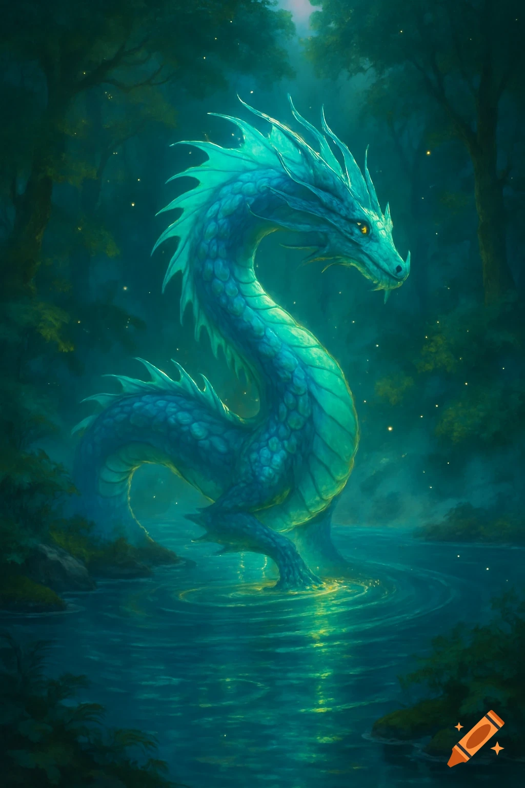A majestic blue-green dragon with glowing eyes stands in shallow water ...