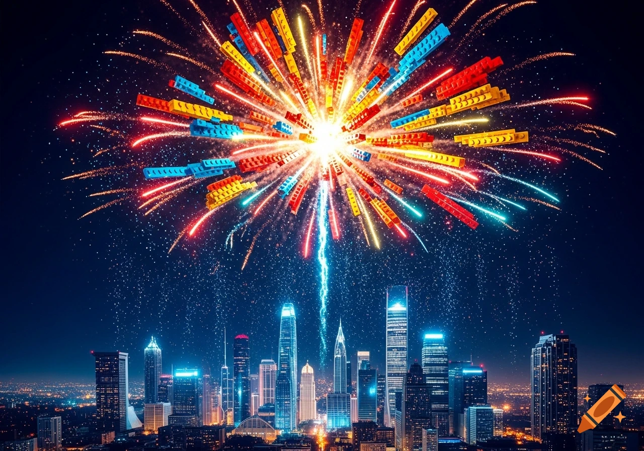 Vibrant Lego brick fireworks explode over a luminous city skyline at night.