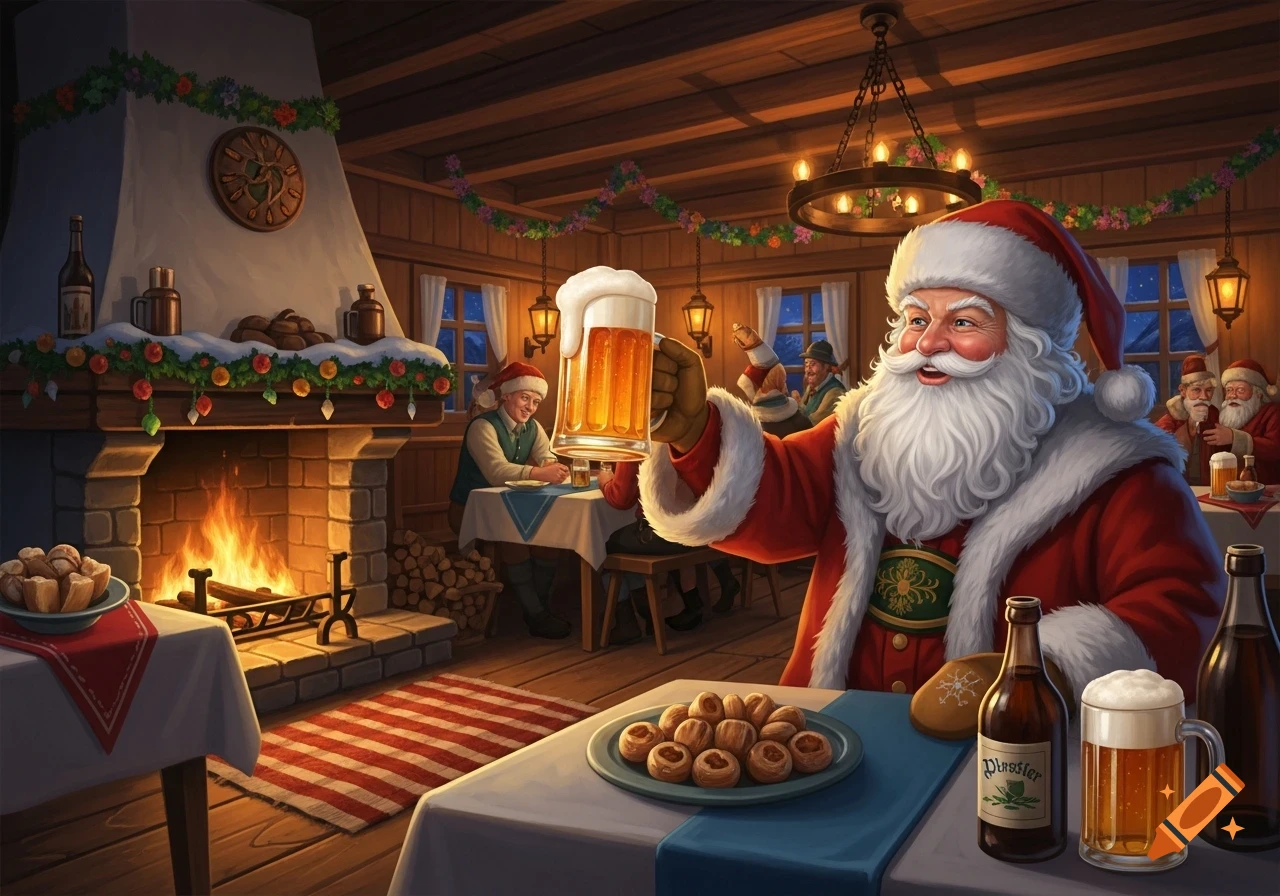 Santa Claus raises a beer mug in a festive, cozy tavern with a fireplace and other merrymakers.