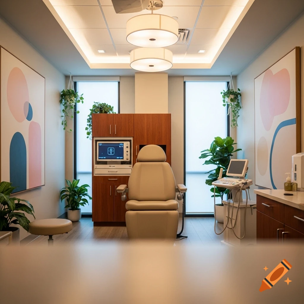 Modern medical treatment room with a beige examination chair, wooden cabinets, abstract art, and plants, under bright ceiling lights.