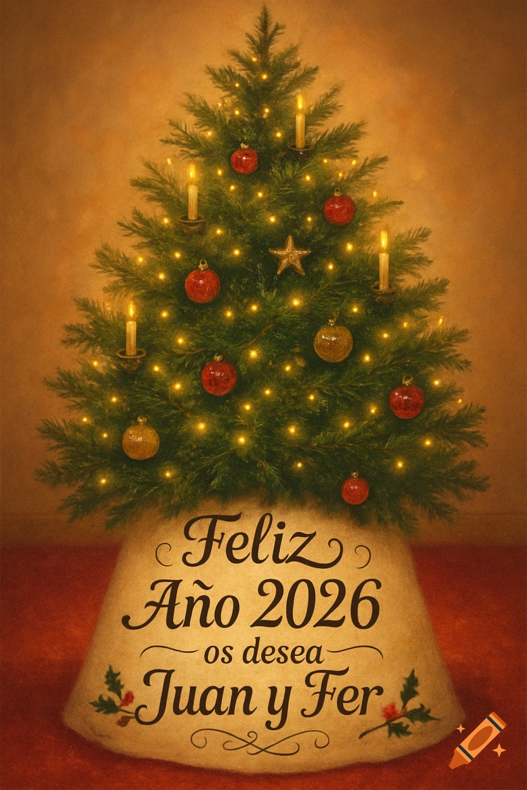 A warm, cozy illustration of a decorated Christmas tree with lights and ornaments, featuring the text "Feliz Año 2026 os desea Juan y Fer" on its base.