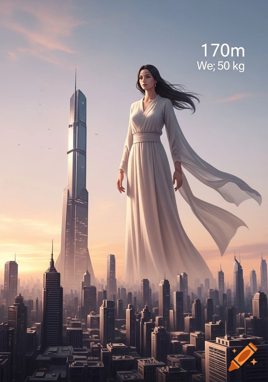 A gigantic woman in a white flowing dress stands above a sprawling cityscape at sunset or sunrise.