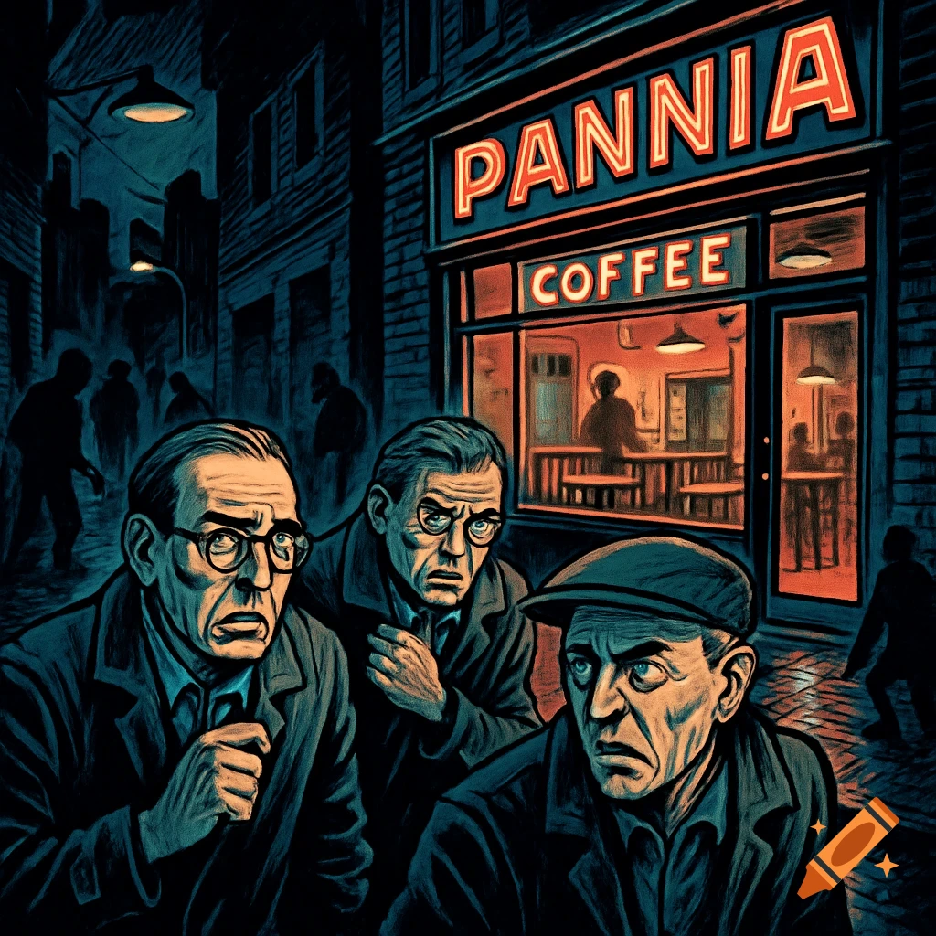 Three scared men in a dark comic-style city street, looking over shoulders near a neon PANNIA COFFEE sign.