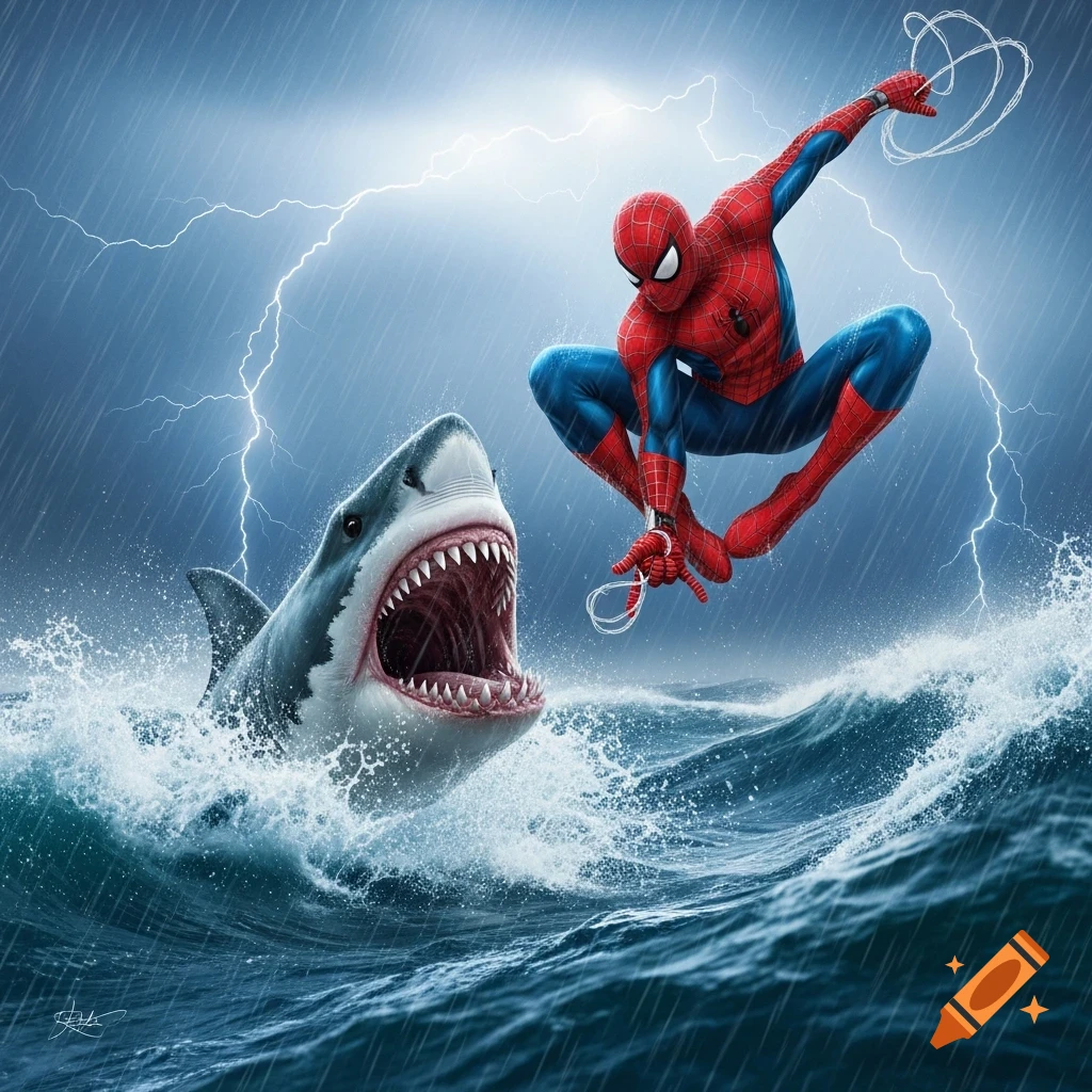 Spider-Man leaps over a roaring shark in a stormy ocean with lightning, digital art.