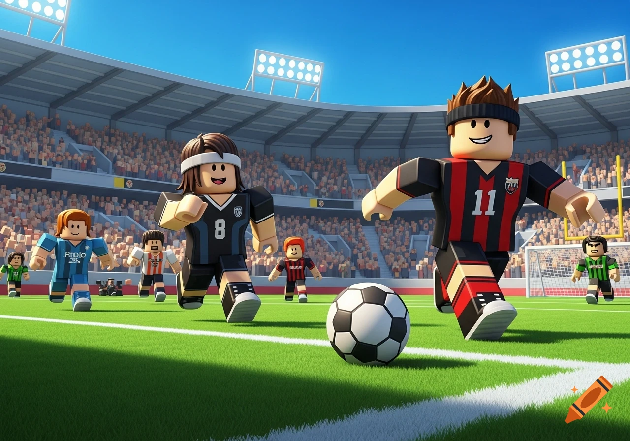 Roblox-style block characters play football in a vibrant stadium, with a player in red and black chasing the ball.