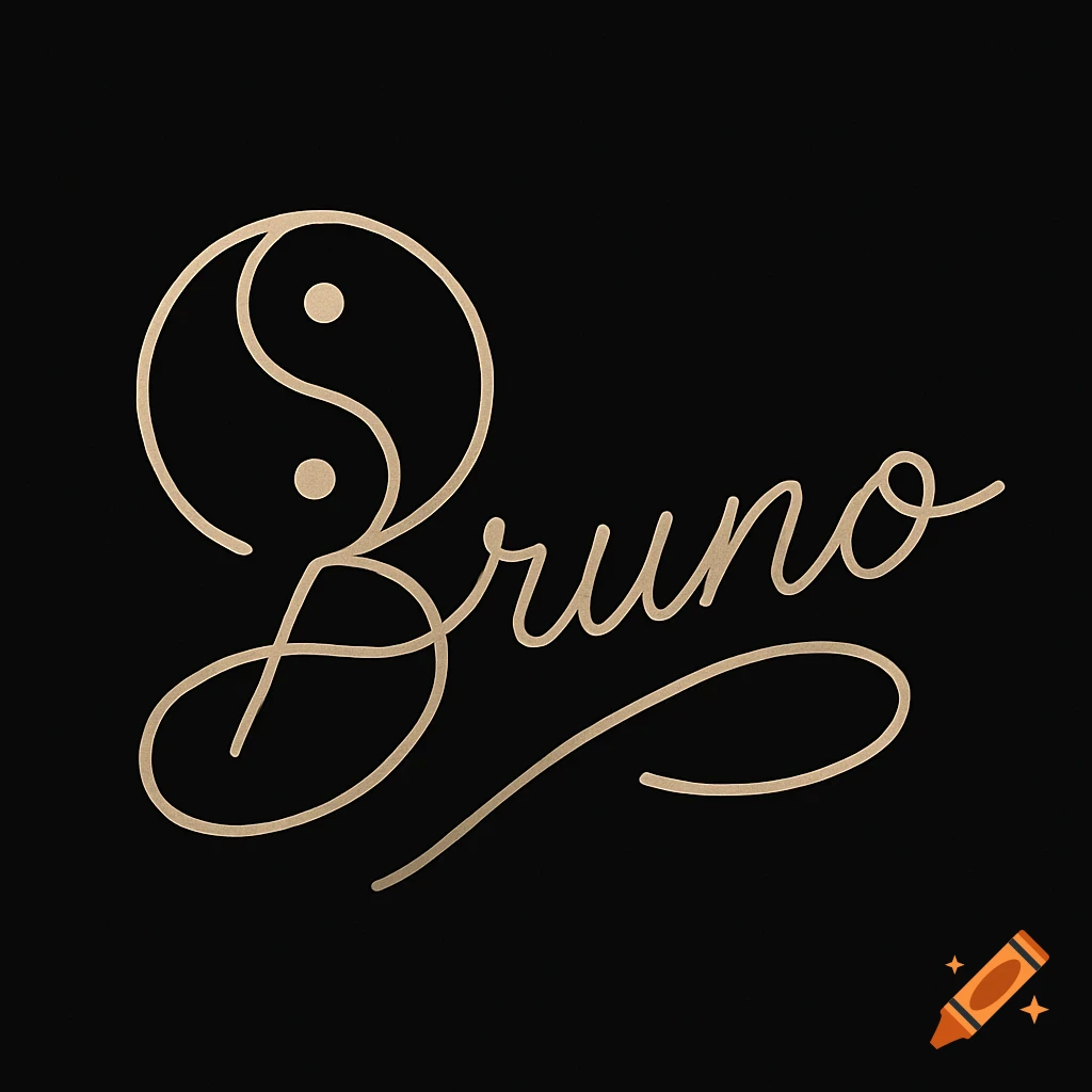 Golden script text 'Bruno' integrated with a Yin Yang symbol on a black background.