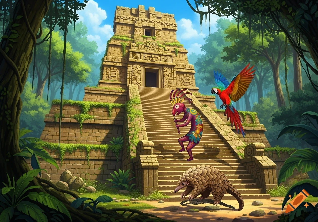 Vibrant illustration of an ancient jungle temple with Kokopelli on steps, a flying parrot, and a pangolin climbing.