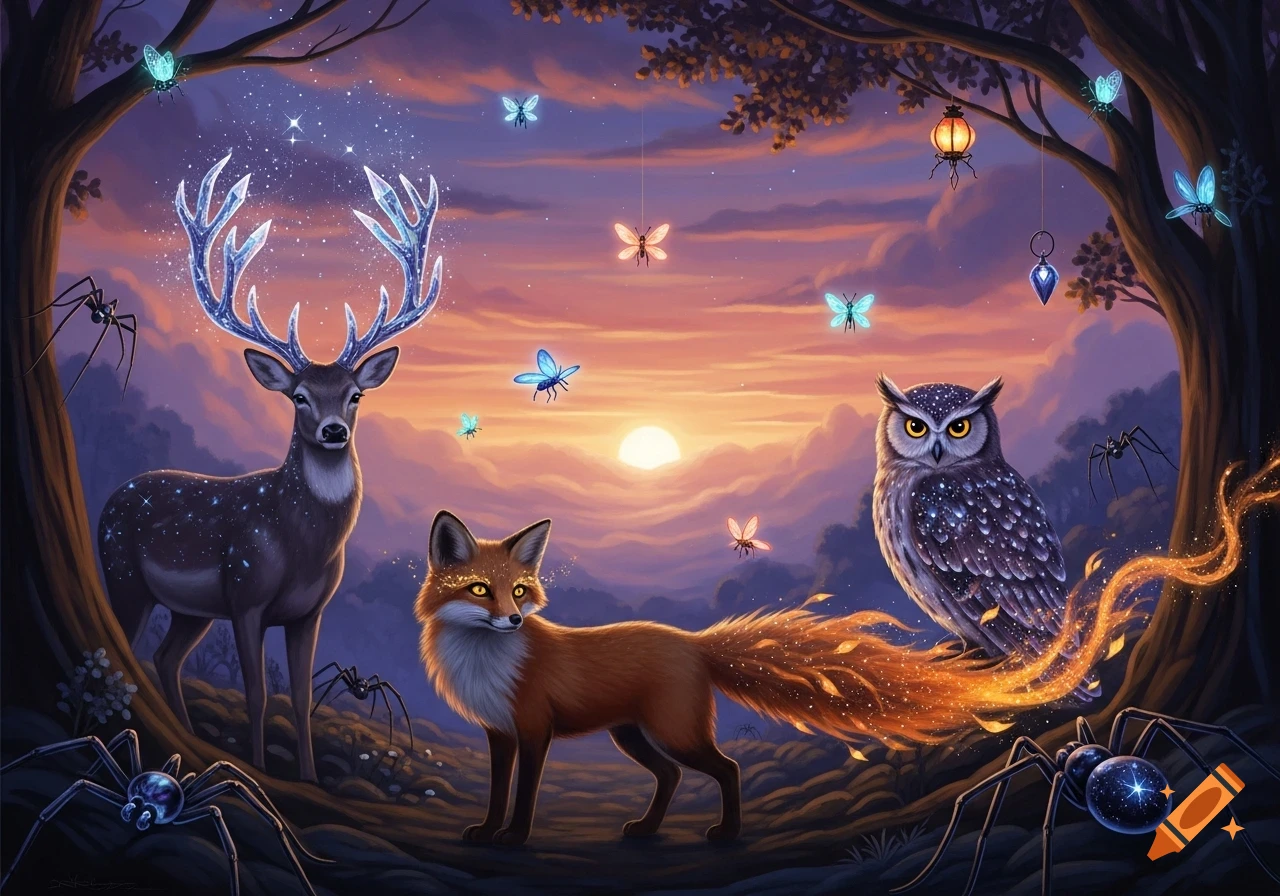 A magical forest at sunset with a deer, fox, owl, glowing spiders, and luminescent butterflies.