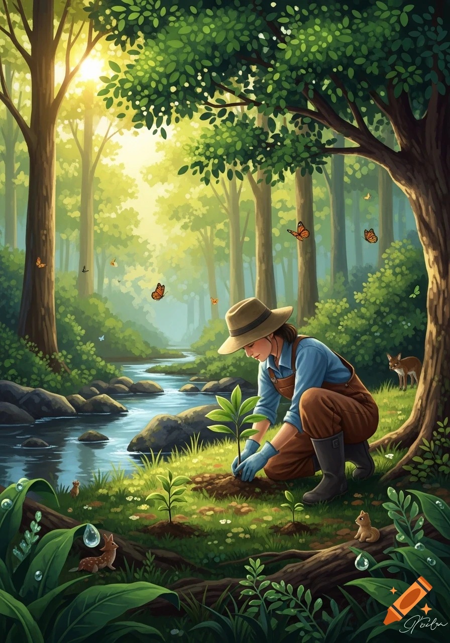 Vibrant illustration of a person in overalls and a hat planting a sapling by a river in a sunlit forest, surrounded by butterflies and small animals.