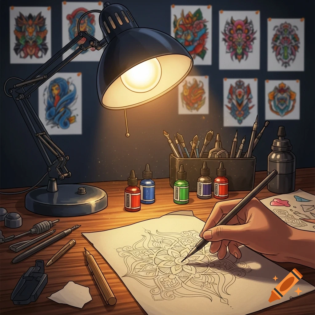 A hand draws a mandala-like tattoo design on paper at a brightly lit desk with ink bottles and other tattoo tools, in an illustrative style.