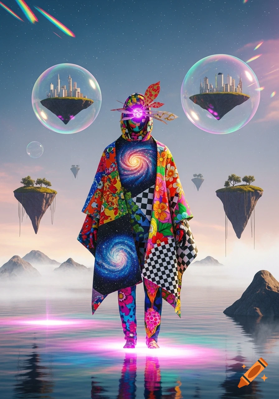 A vibrant, psychedelic figure in a patchwork cloak stands on glowing water amidst surreal floating islands and city bubbles under a starry sky.