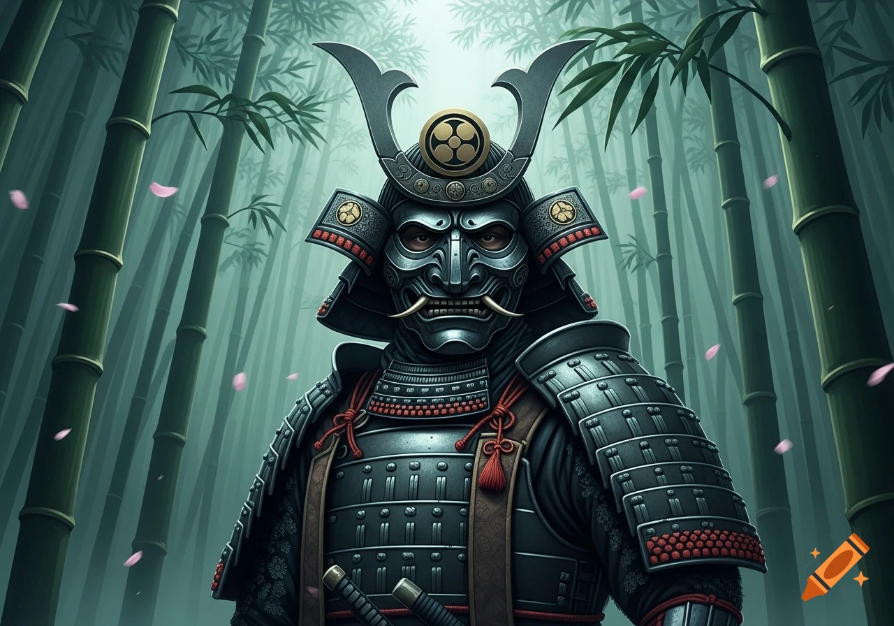 A detailed illustration of a samurai in full armor and a fierce mask, standing in a misty bamboo forest with pink petals.