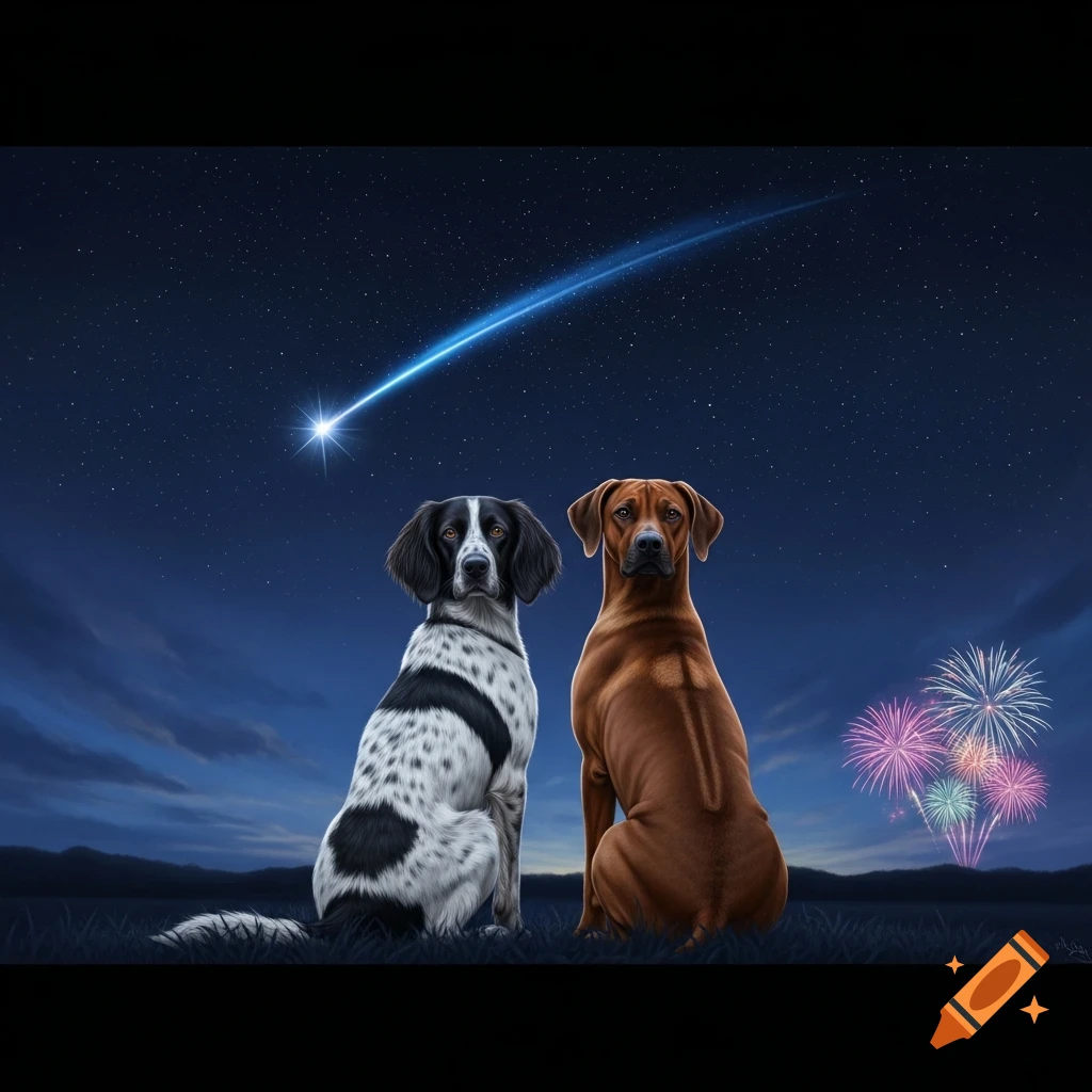 Two dogs, a spotted and a brown one, sit in a field watching a shooting star and colorful fireworks in a starry night sky.