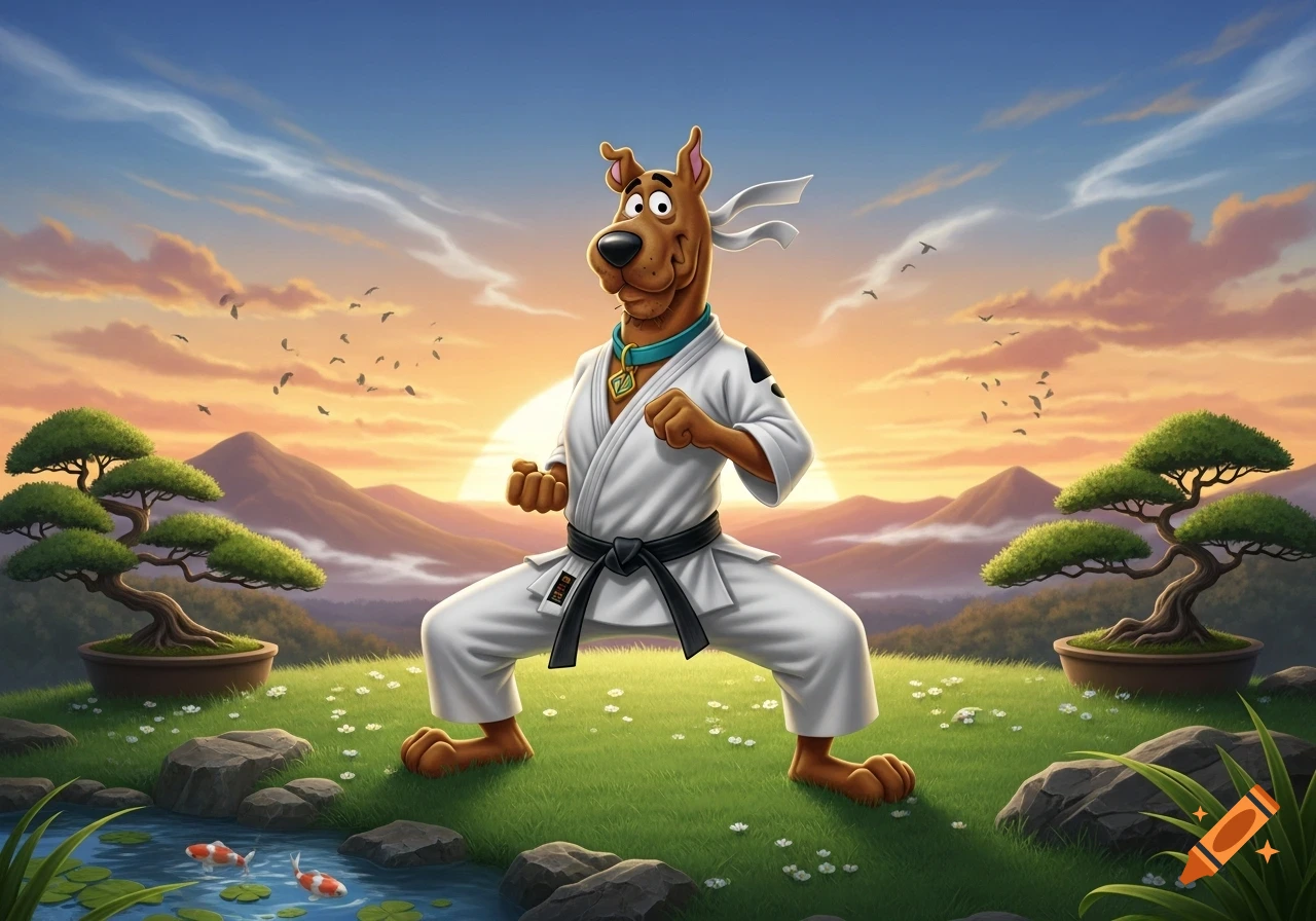 Scooby-Doo in a white karate gi and black belt, striking a pose amidst a serene, Japanese-inspired landscape with bonsai trees, a koi pond, and mountains at sunrise.