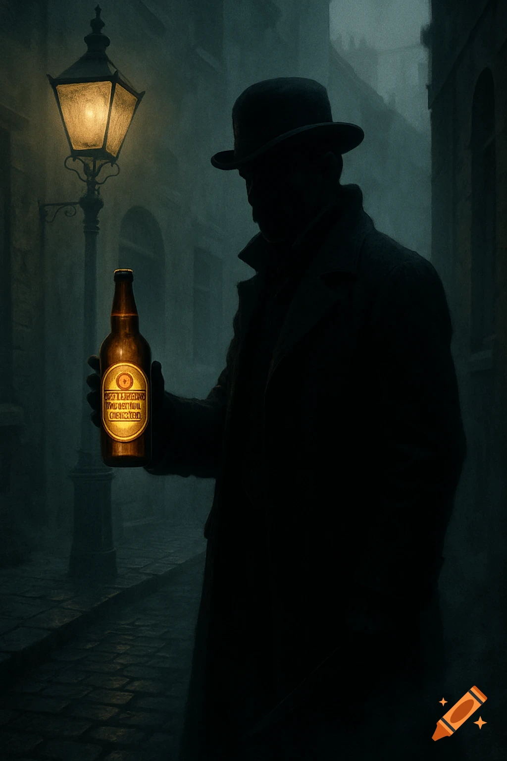 A silhouetted man in a bowler hat and trench coat holds an illuminated beer bottle on a foggy, gaslit cobblestone street at night.