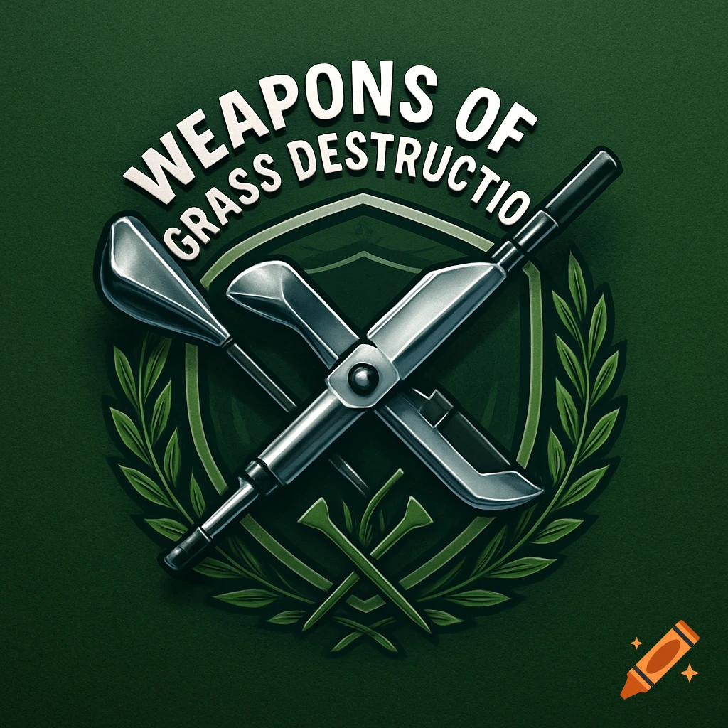 A stylized logo features crossed golf clubs and tees, framed by a laurel wreath, with the text 'WEAPONS OF GRASS DESTRUCTION' above.