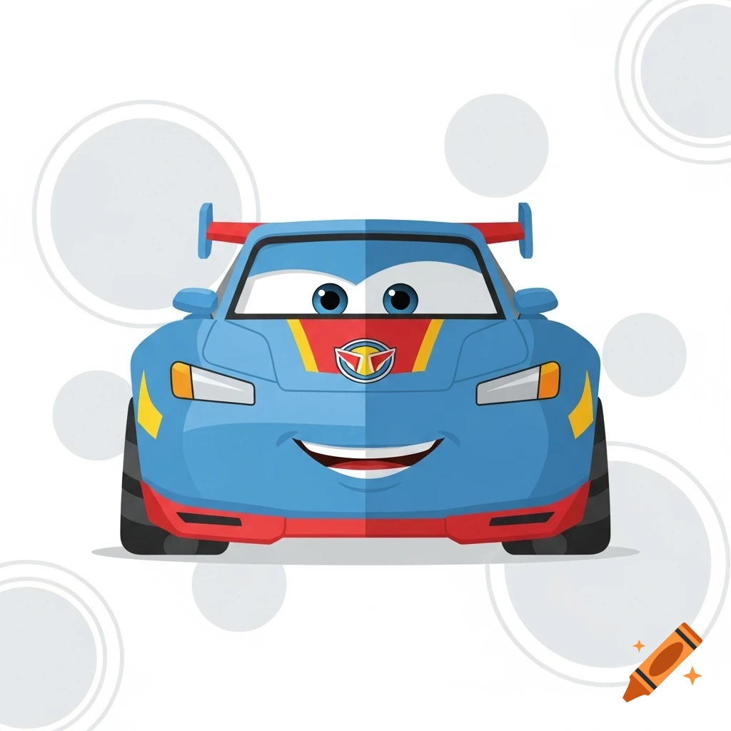 Blue cartoon race car with large eyes, a smiling mouth, and a red spoiler, on a white background with gray circles.