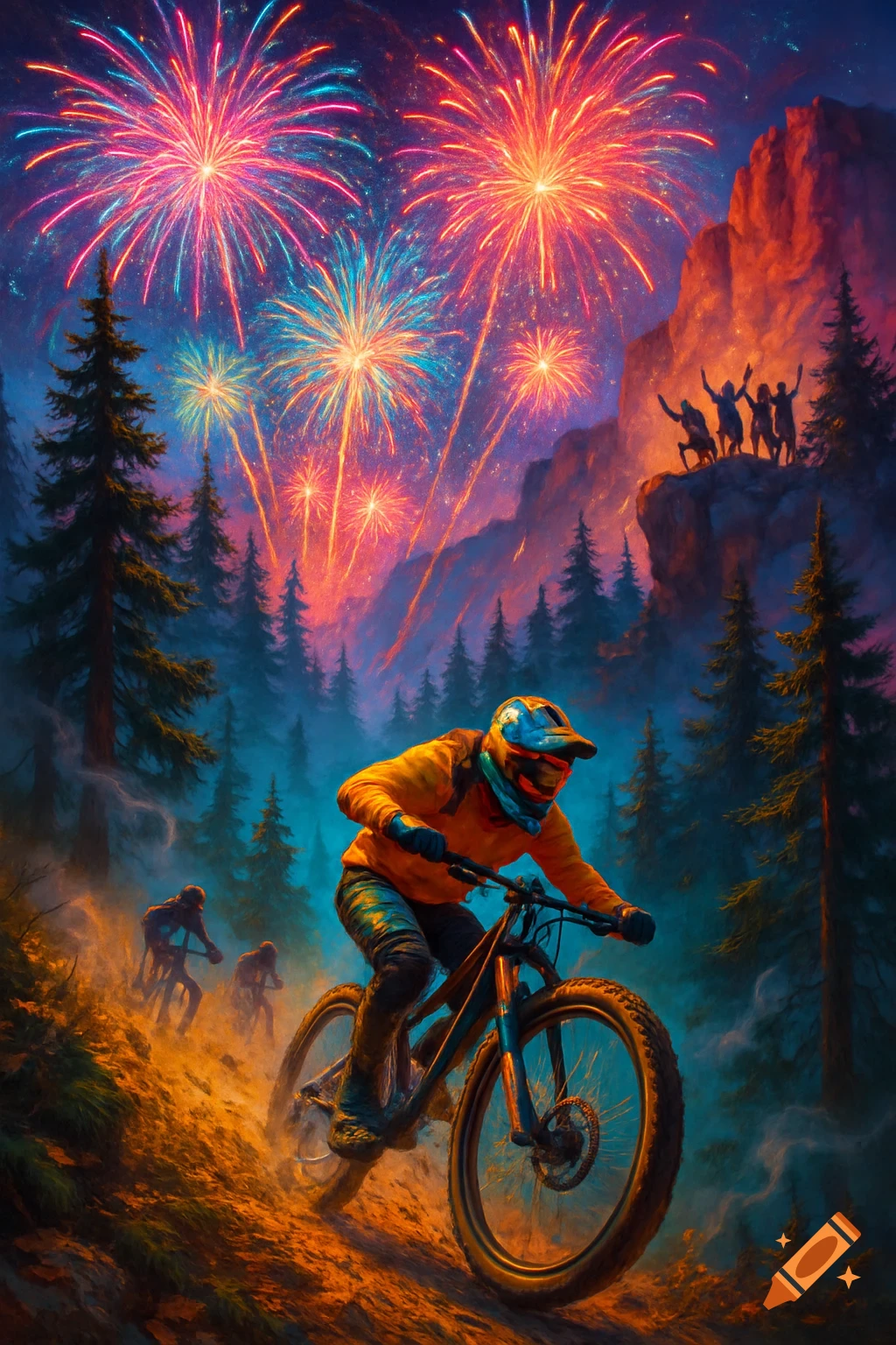 Mountain bikers race down a dusty path at night as colorful fireworks burst overhead. Spectators cheer from a mountain cliff.