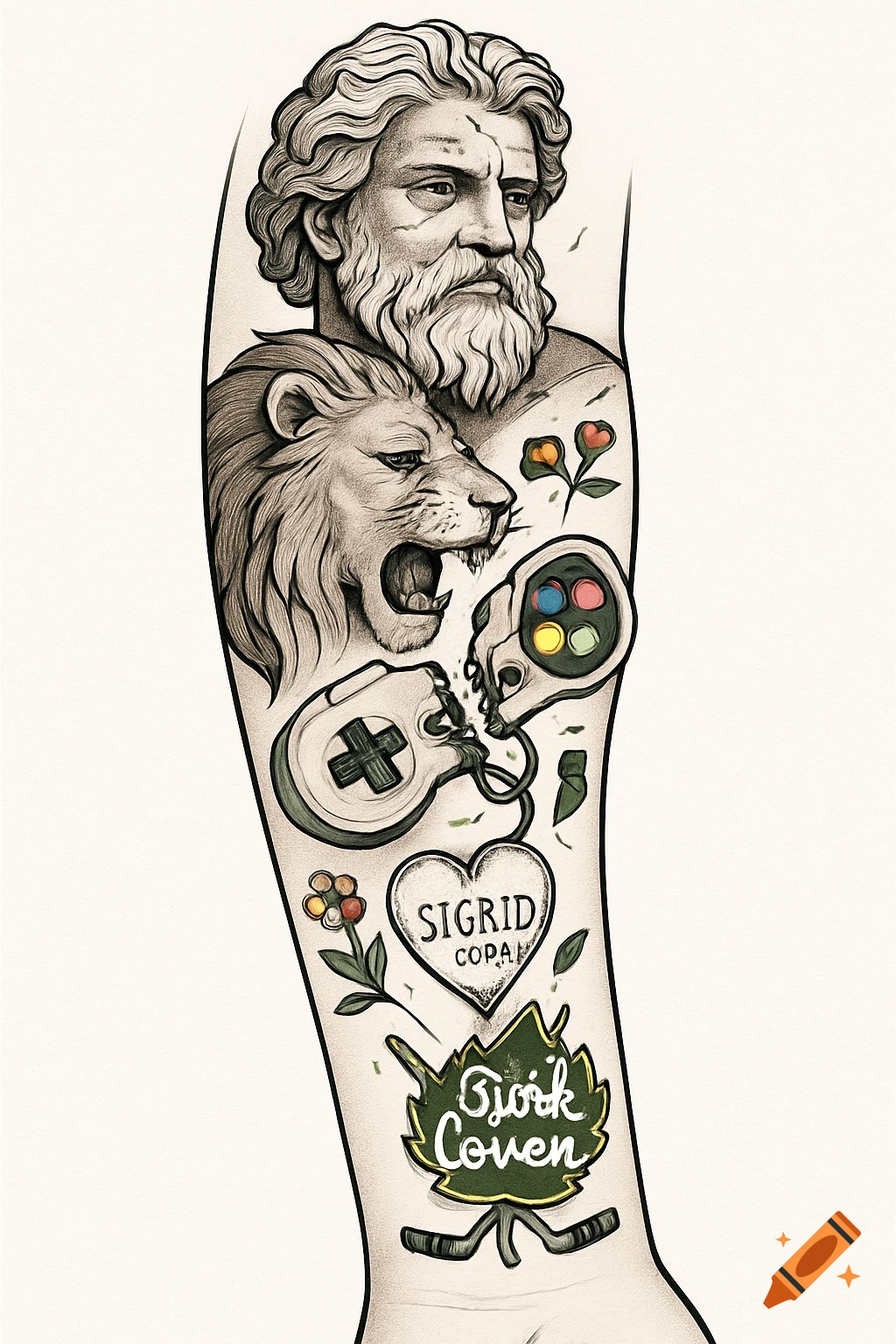 Neo-traditional tattoo sleeve design with a Greek god, roaring lion, broken game controller, a heart with "SIGRID COPAH", a birch leaf emblem with "Björk Coven", and scattered flowers.