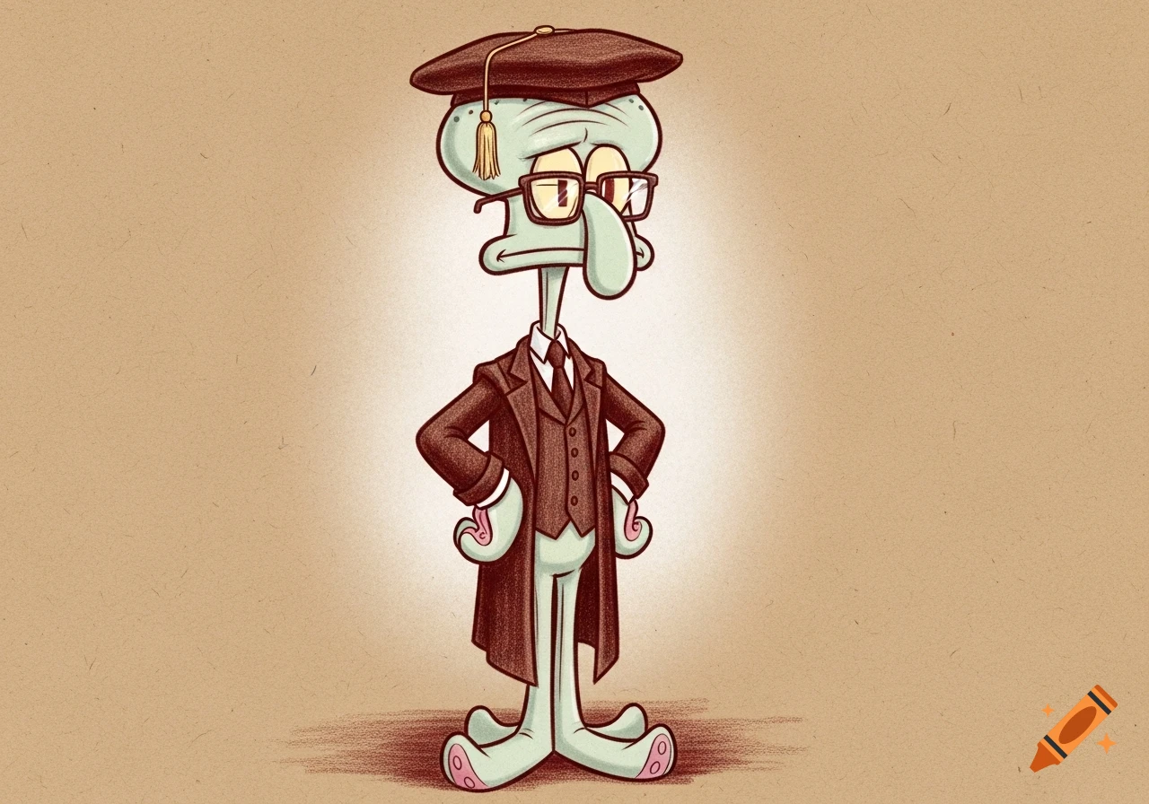Squidward Tentacles in a brown suit and graduation cap, drawn with sanguine and chalk on tan paper.