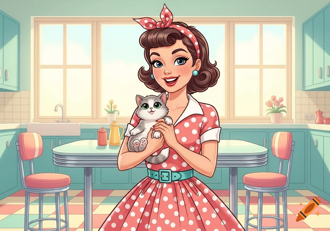 A cheerful 1950s-style cartoon woman in a polka dot dress holds a cute cat in a retro kitchen.
