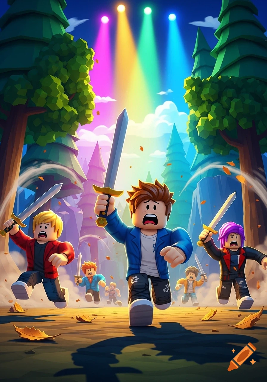Roblox characters with swords running scared through a cartoon forest under colorful spotlights.