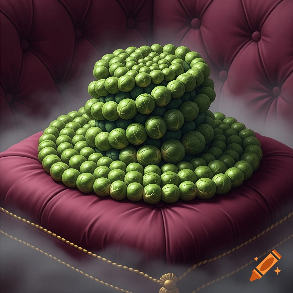 A photorealistic hat made of green brussels sprouts rests on a red tufted velvet cushion.