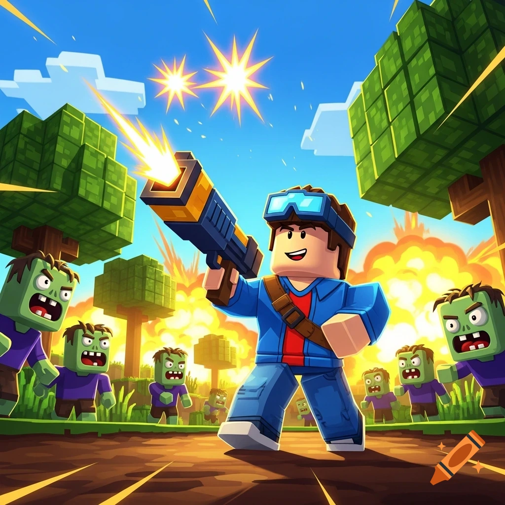 A blocky, Roblox-like character shoots a laser gun at cartoonish zombies in a vibrant, exploded voxel landscape.