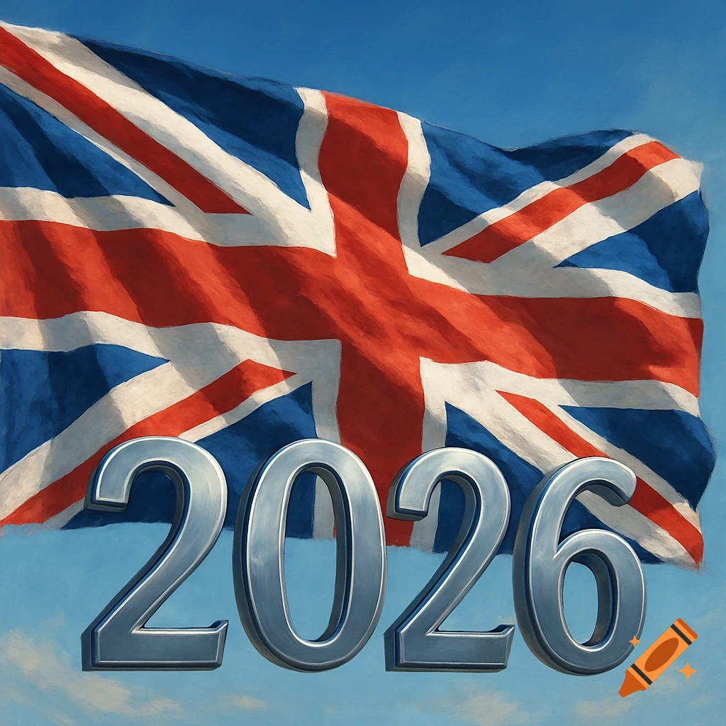 A Union Jack flag waving against a blue sky, with large metallic silver numbers '2026' in front of it.