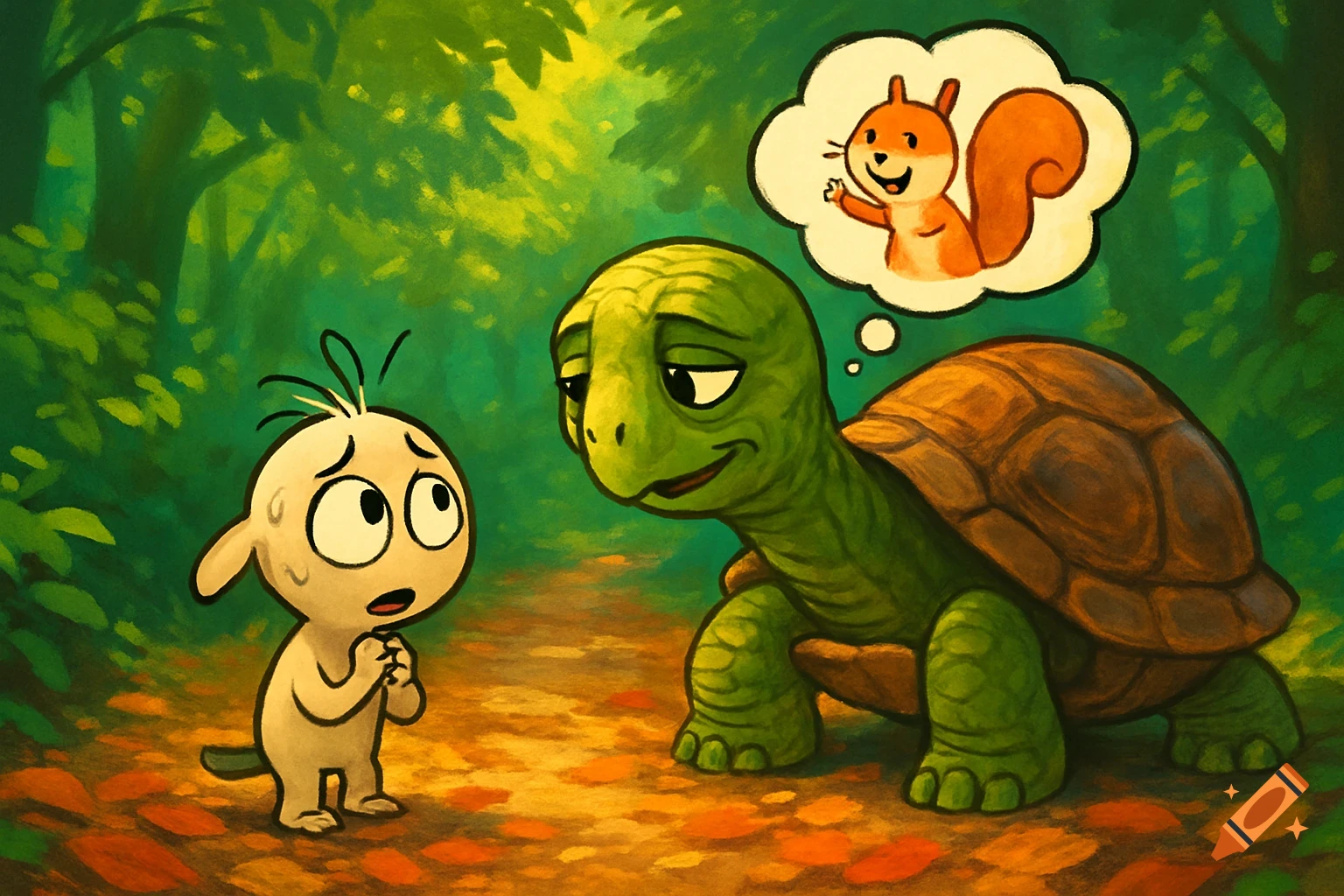 An anxious, small creature talks to a large, kind-faced turtle on a ...