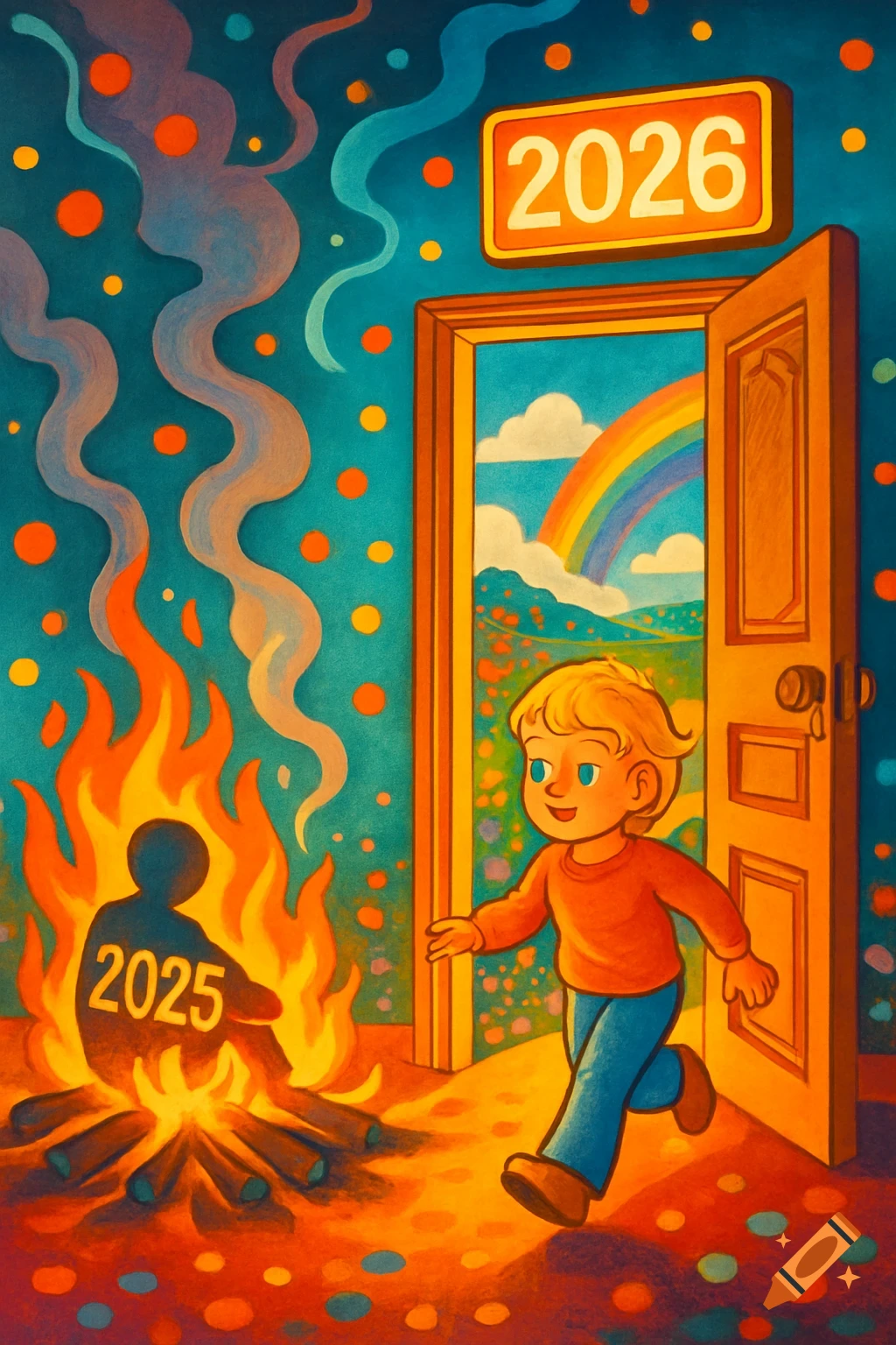 A blonde child steps through a door to a vibrant landscape with a rainbow, while a figure labeled "2025" burns in a bonfire. A sign above the door reads "2026" in a 70s pop art style.