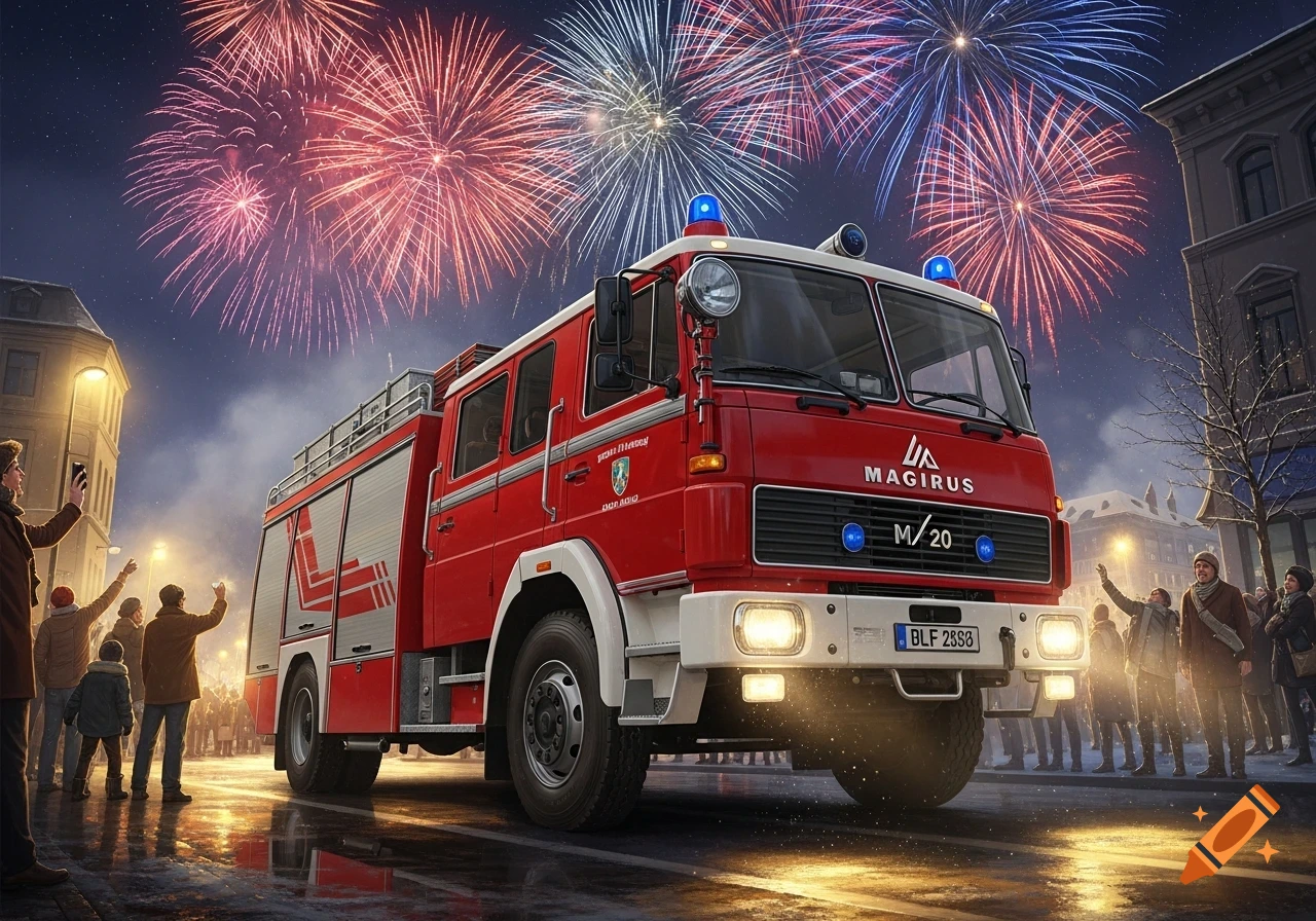 A red Magirus fire truck on a wet street at night, with fireworks exploding overhead and people watching from the sidewalks, celebrating New Year's Eve.