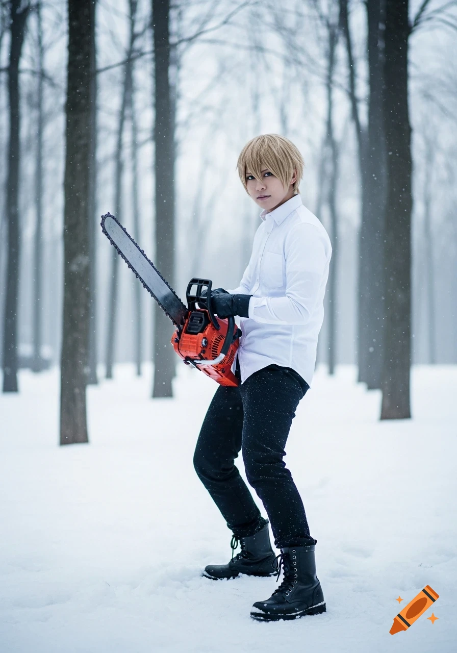 A person cosplaying Denji from Chainsaw Man stands in a snowy forest, holding an orange chainsaw, looking at the viewer.