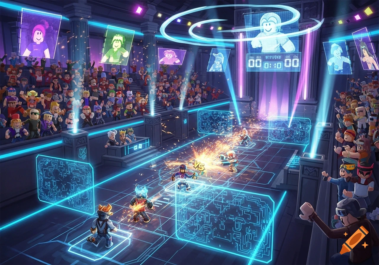 Roblox-style characters battle in a futuristic e-sports arena, surrounded by a cheering crowd and neon lights with holographic displays.