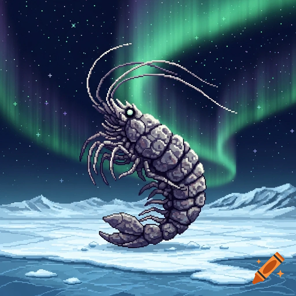 Pixel art of a large, grey, rock-like shrimp standing on an icy landscape under a dark, star-filled sky with green aurora borealis.