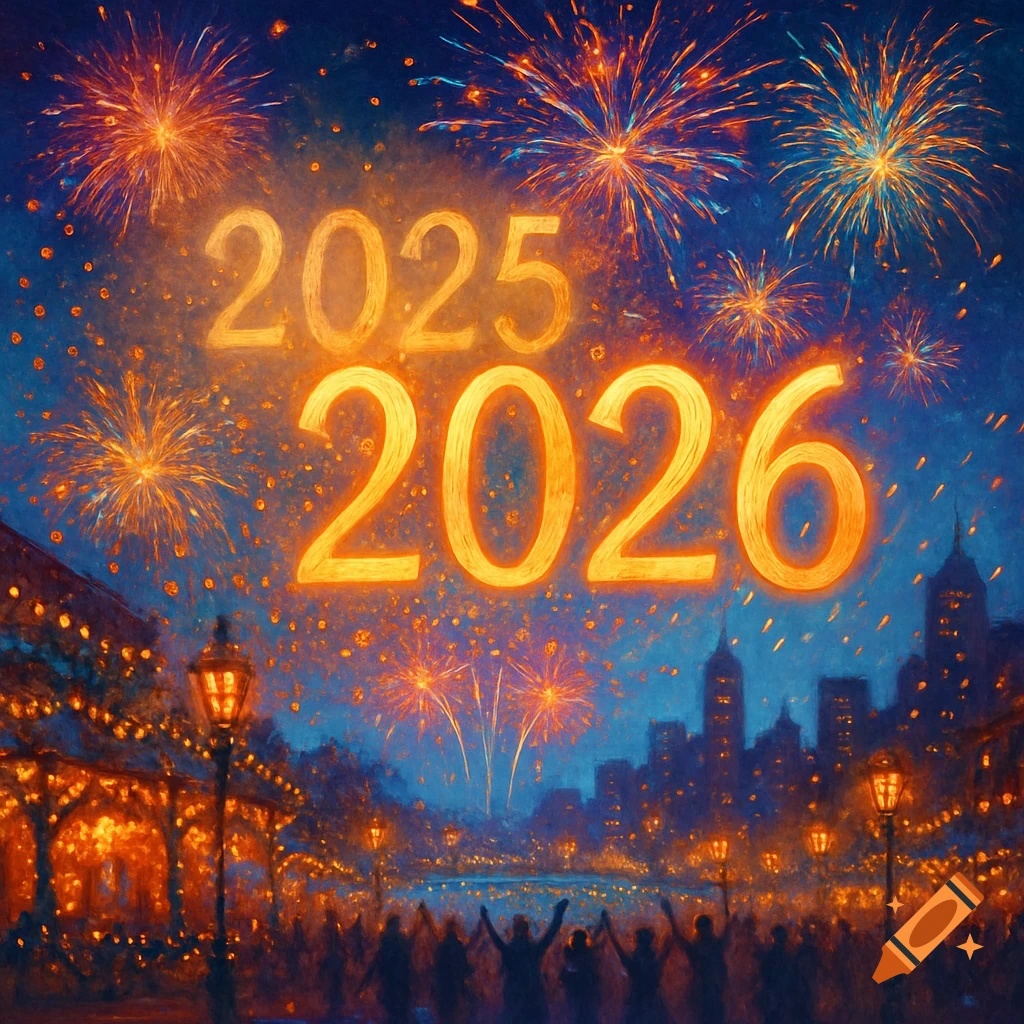 Vibrant New Year's celebration with golden '2025' and '2026' numbers in the sky amidst fireworks over a city skyline.