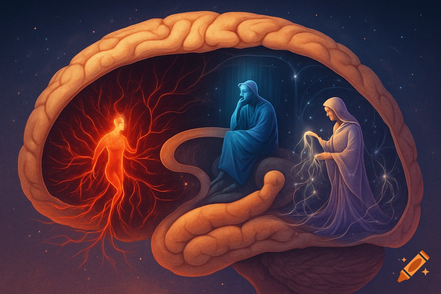 Conceptual art showing a human brain's cross-section with three robed figures inside: a red glowing energy figure, a blue meditating figure, and a purple figure manipulating glowing tendrils, all against a starry background.
