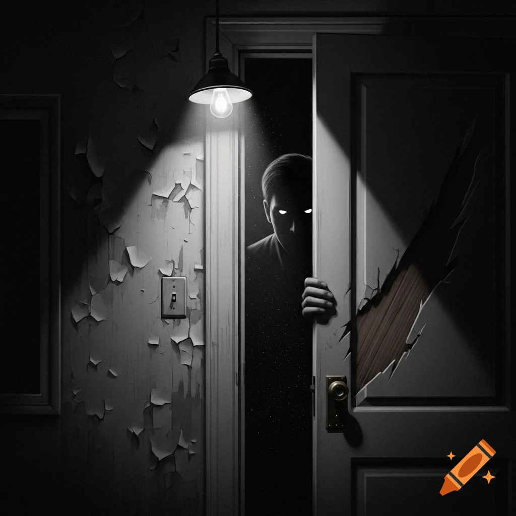 A shadowy figure with glowing eyes peeks from a partially open door in a dark, peeling room, creating a creepy, unsettling atmosphere.