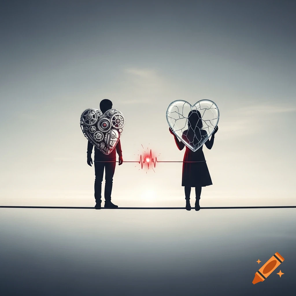 Two silhouettes stand on a tightrope, one with a mechanical heart, the other a cracked glass heart, connected by a red heartbeat line.