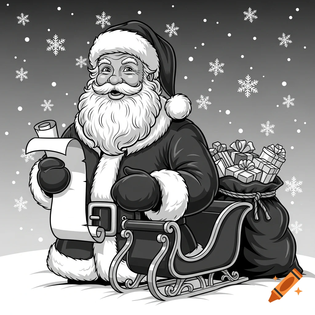 Black and white illustration of Santa Claus holding a scroll, next to a sleigh full of gifts, with falling snowflakes.