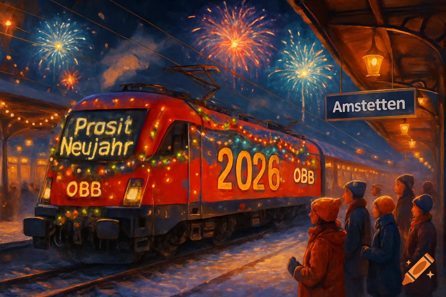 A red train decorated with festive lights and 'Prosit Neujahr 2026' text, stopped at 'Amstetten' station with fireworks in the night sky and people watching, in a painterly style.