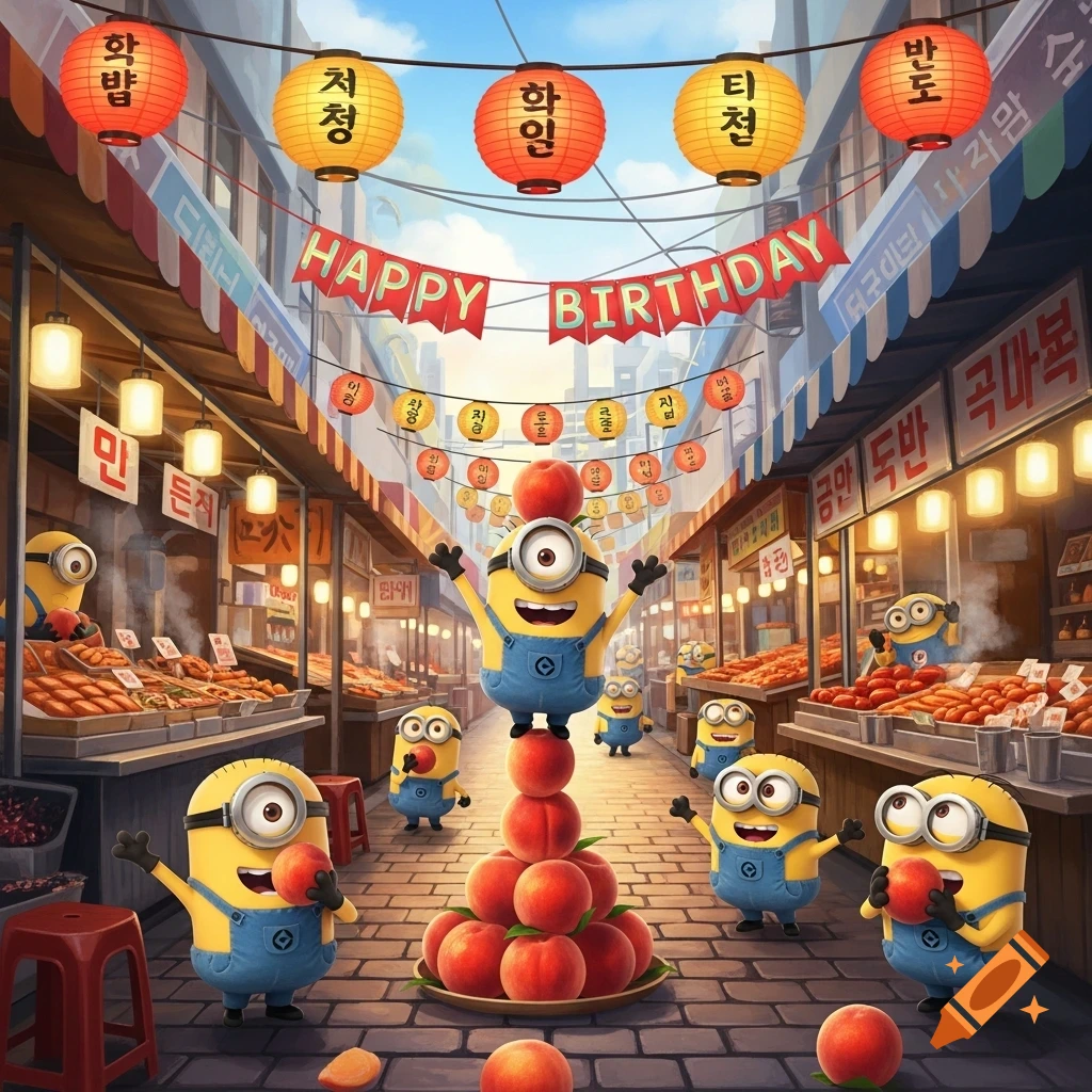 Minions celebrate a birthday in a bustling outdoor market filled with peaches and festive lanterns. One minion balances on a pile of peaches.